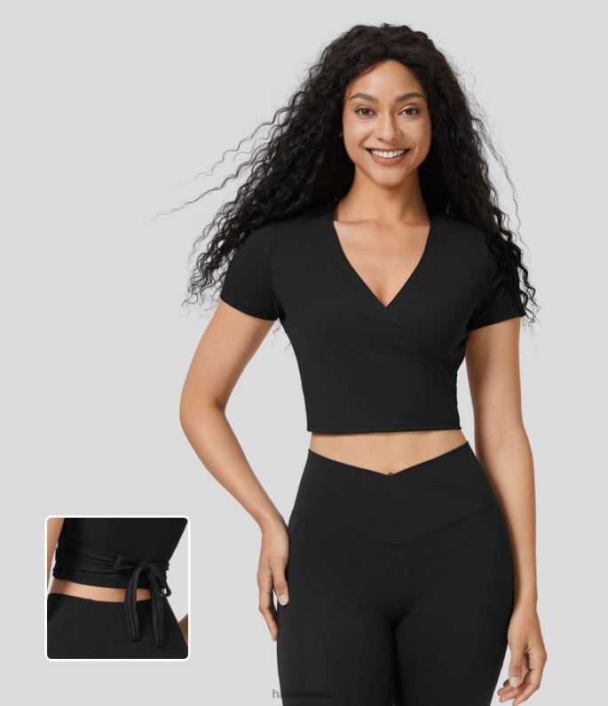 Riietus 2N6J1632 Halara naised v kaelusega lühikeste varrukatega mähitud lips tagasi kärbitud vabaaja pluus must