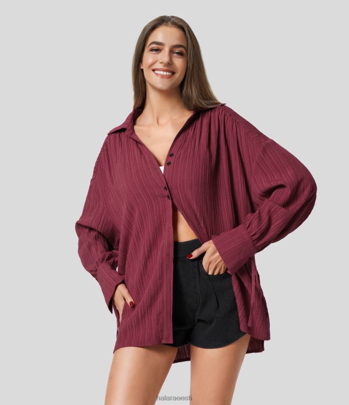 Riietus 2N6J1633 Halara naised kaelusega sõlm mansett plekk seljanööbiga ees oversize vabaaja särk syrah